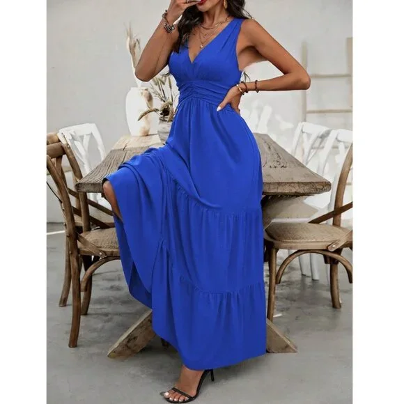 Boho V-Neck Pleated Waist Dress Blue - Picture 4 of 9
